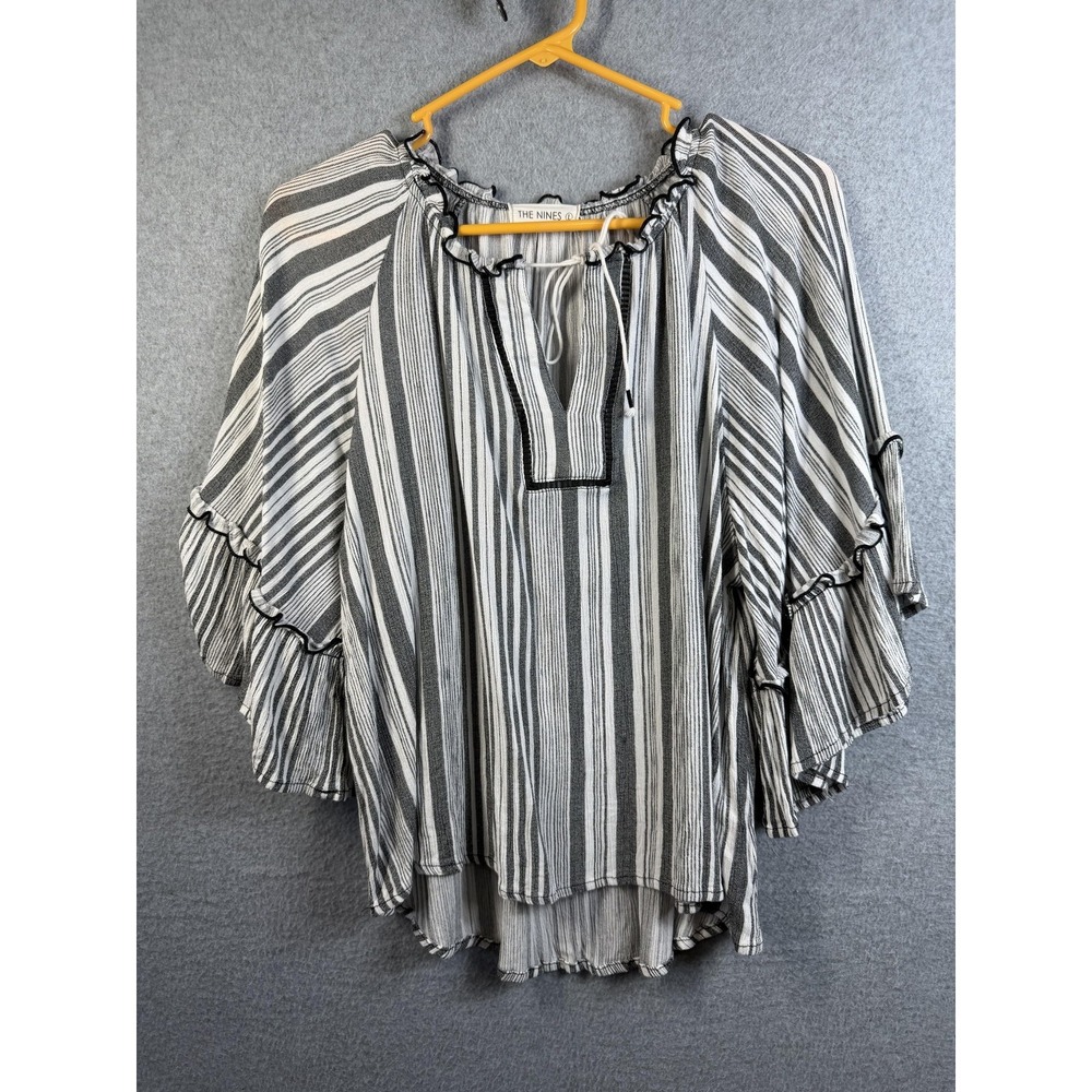 The Nines Blouse Womens Large Black Striped Kimono Sleeve Peasant Tunic Top